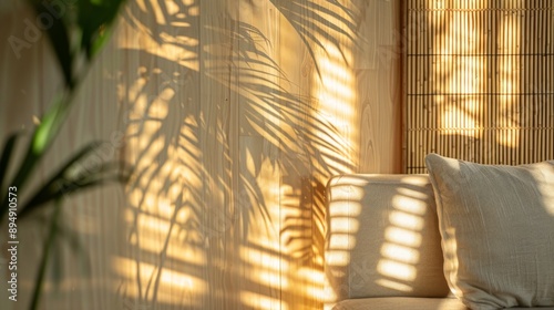 Warm Sunlight Filtering Through Palm Tree Shadows on a Wooden Wall - A warm and inviting scene of sunlight filtering through the shadows of a palm tree, casting a beautiful pattern on a wooden wall