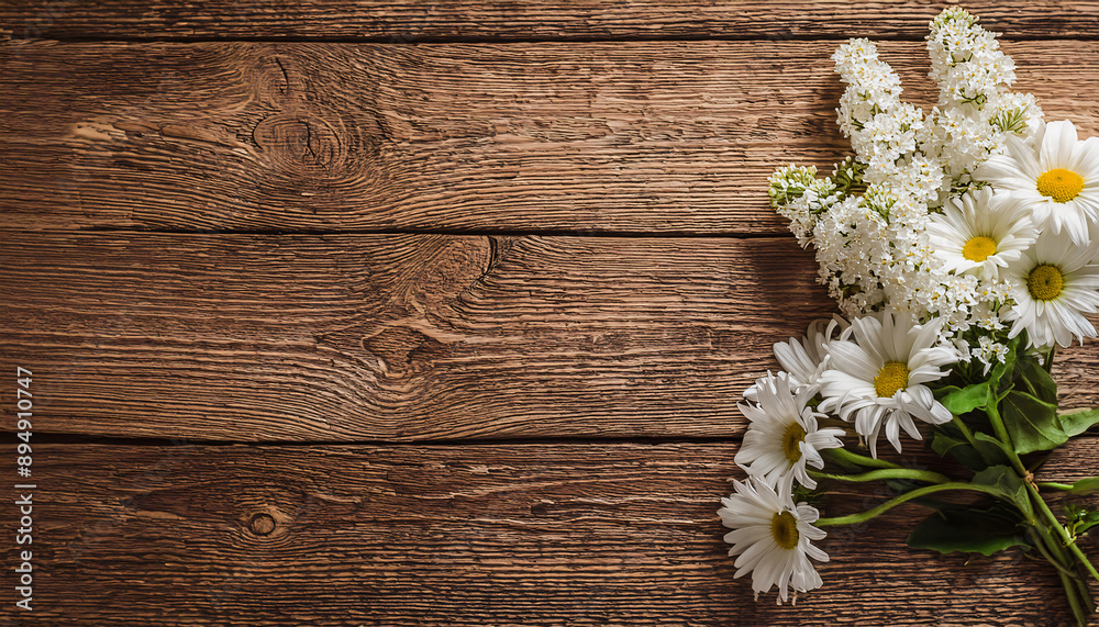 Bouquet of white lilac daisies on corner of rustic wooden table Bouquet of white lilac daisies on corner of rustic wooden table