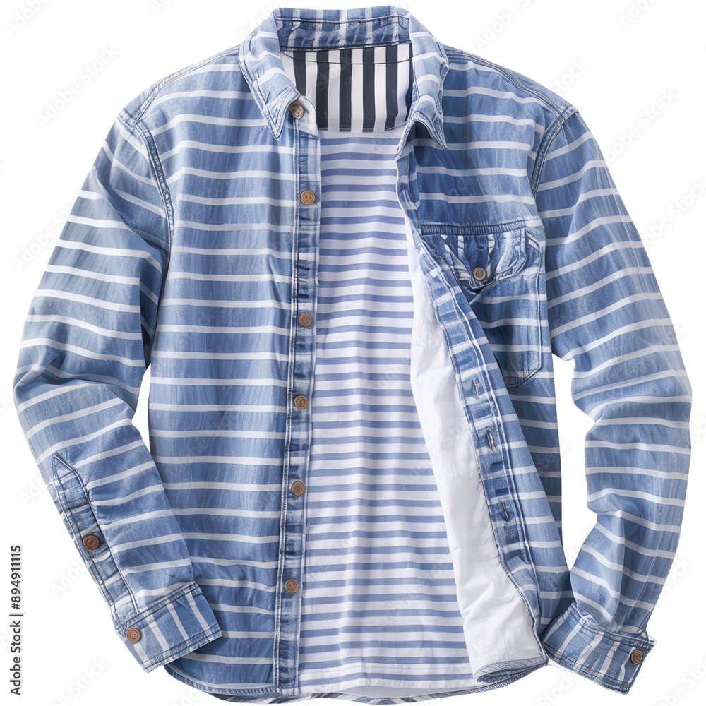 A blue and white striped shirt with a white collar and buttons on a transparent background.