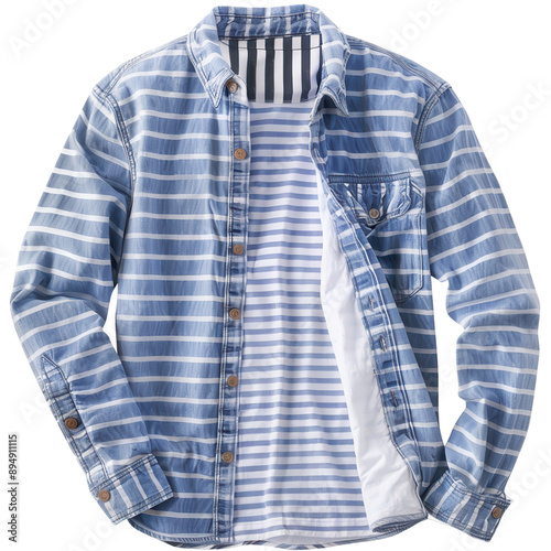 A blue and white striped shirt with a white collar and buttons on a transparent background.