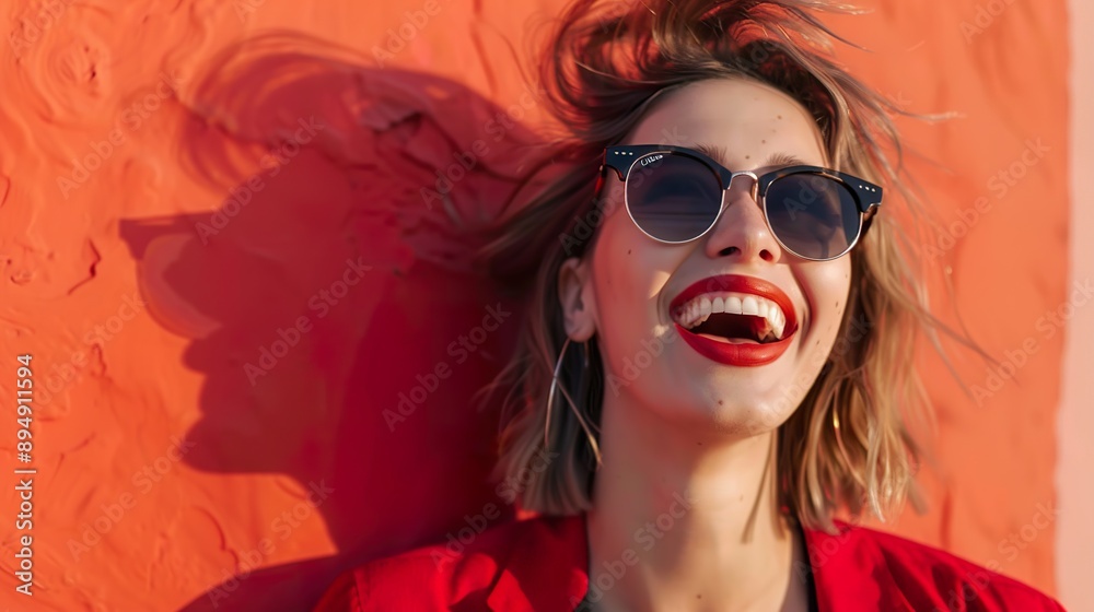 a trendy girl in sunglasses, laughing happily, against a red background that enhances the holiday vibe with a festive touch a trendy girl in sunglasses, laughing happily, against a red background that enhances the holiday vibe with a festive touch