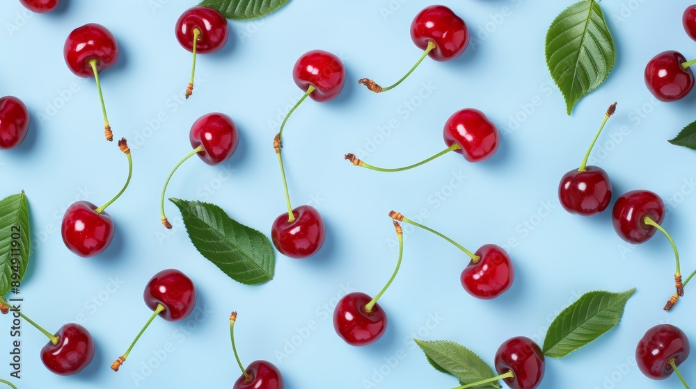A playful pattern of cherries and cherry leaves, with a light blue background for a fresh look, high-resolution photo, realistic photo, hyper realistic A playful pattern of cherries and cherry leaves, with a light blue background for a fresh look, high-resolution photo, realistic photo, hyper realistic