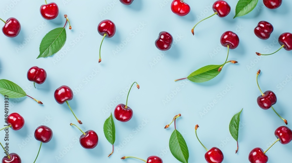 A playful pattern of cherries and cherry leaves, with a light blue background for a fresh look, high-resolution photo, realistic photo, hyper realistic A playful pattern of cherries and cherry leaves, with a light blue background for a fresh look, high-resolution photo, realistic photo, hyper realistic