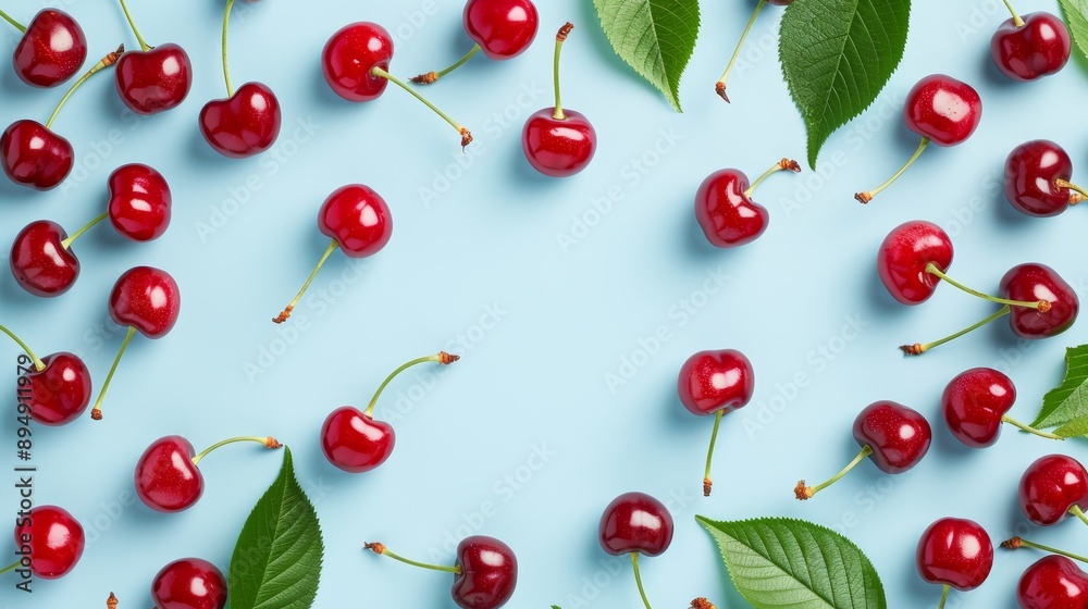 A playful pattern of cherries and cherry leaves, with a light blue background for a fresh look, high-resolution photo, realistic photo, hyper realistic A playful pattern of cherries and cherry leaves, with a light blue background for a fresh look, high-resolution photo, realistic photo, hyper realistic