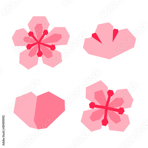 Set of paper cut stylized sakura flowers isolated on white background. Seasonal Japanese natural elements.