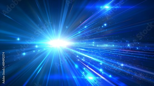 Vector Abstract, science, energy technology concept, future-oriented. Digital picture with blue-tinged stripes, motion blur, and light beams on a dark blue background