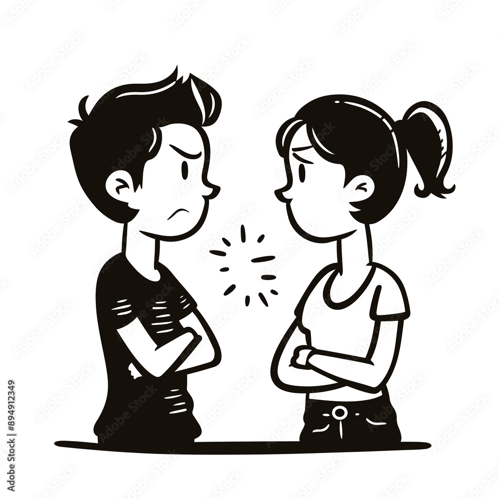illustration of a married couple of husband and wife having a maritial conflict, running out of arguments, being wordless and annoyed illustration of a married couple of husband and wife having a maritial conflict, running out of arguments, being wordless and annoyed