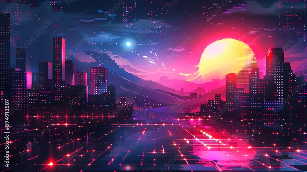 Fototapeta premium A cityscape with a bright orange sun in the sky