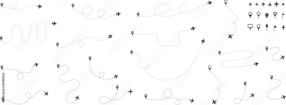 Airplane routes set. Air plane flight route with start point and line trace. Aircraft tracking, plane paths, travel, map and location pins. Vector illustration. Airplane routes set. Air plane flight route with start point and line trace. Aircraft tracking, plane paths, travel, map and location pins. Vector illustration.