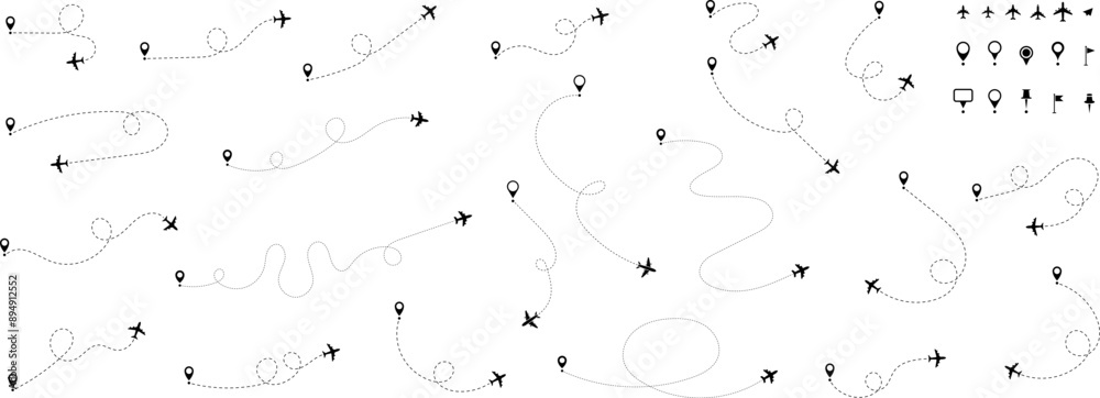 Airplane routes set. Air plane flight route with start point and line trace. Aircraft tracking, plane paths, travel, map and location pins. Vector illustration. Airplane routes set. Air plane flight route with start point and line trace. Aircraft tracking, plane paths, travel, map and location pins. Vector illustration.