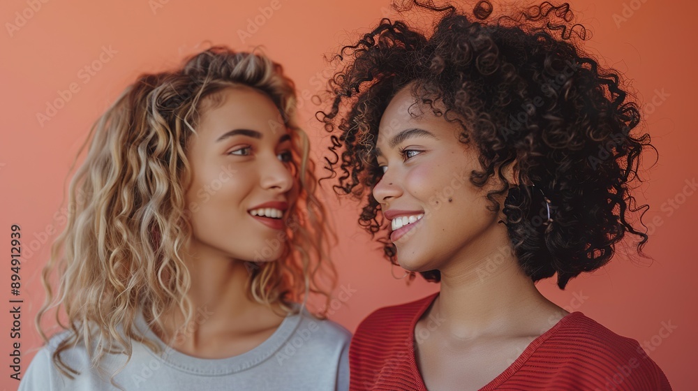 a woman with curly hair in a youthful casual look, chatting with a friend against a coral background, allowing for the incorporation of text or graphic elements a woman with curly hair in a youthful casual look, chatting with a friend against a coral background, allowing for the incorporation of text or graphic elements