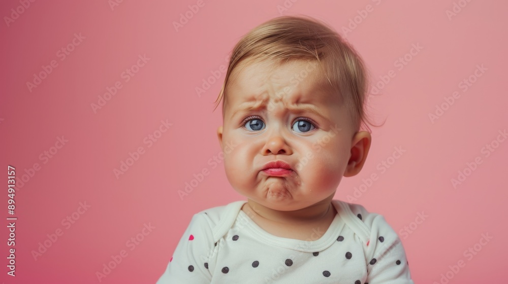 Adorable Baby Girl with Frowning Expression on Pink Background - A cute baby girl with a white polka dot onesie is frowning, showcasing a range of emotions. She has blue eyes and a pouty expression Adorable Baby Girl with Frowning Expression on Pink Background - A cute baby girl with a white polka dot onesie is frowning, showcasing a range of emotions. She has blue eyes and a pouty expression