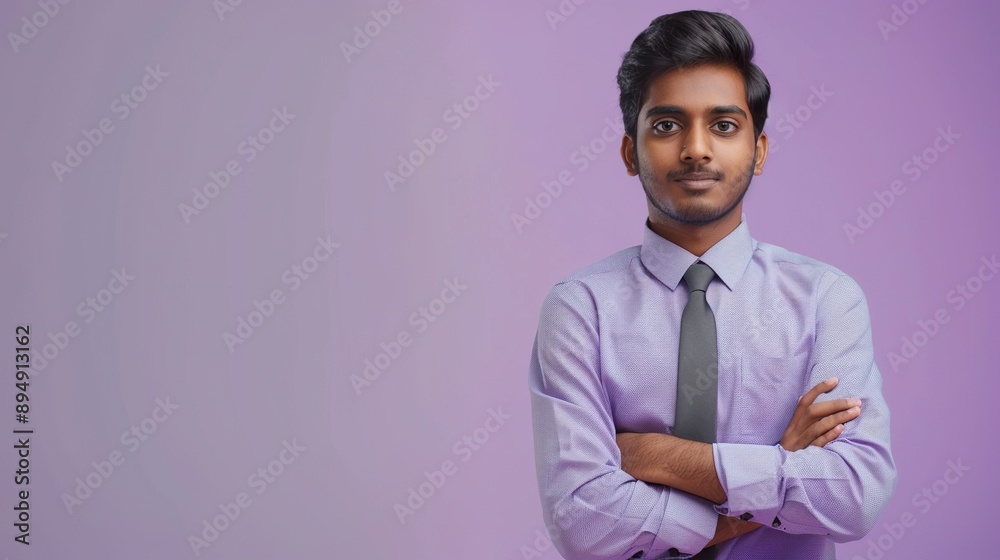 a young Indian manager in a t-shirt and tie, exuding a relaxed casual look with crossed arms, against a purple background a young Indian manager in a t-shirt and tie, exuding a relaxed casual look with crossed arms, against a purple background