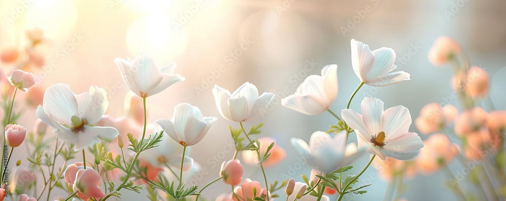 Close-up of flowers glowing in the soft golden hour sunlight, creating a dreamy and tranquil scene, golden hour nature photography, delicate and ethereal flora Close-up of flowers glowing in the soft golden hour sunlight, creating a dreamy and tranquil scene, golden hour nature photography, delicate and ethereal flora