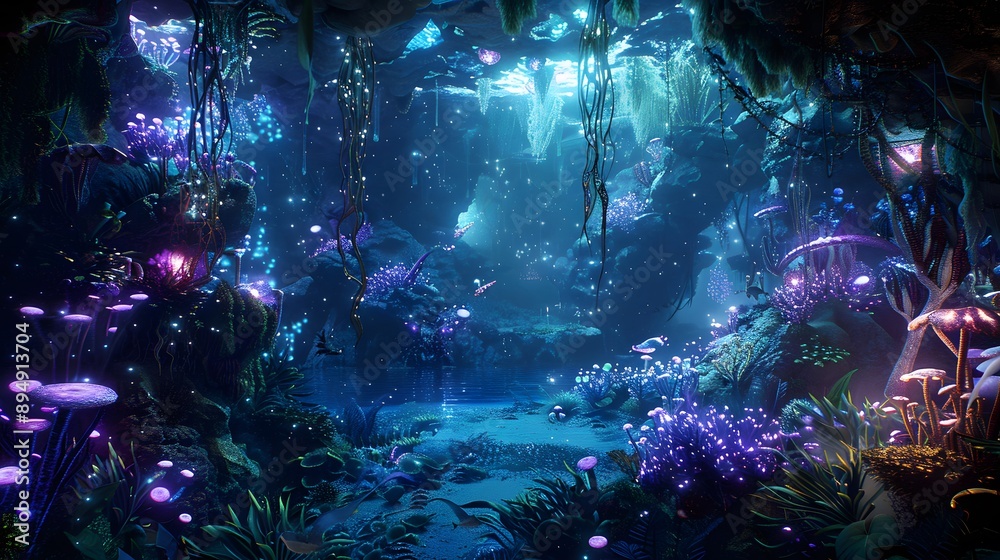Naklejka premium Dreamlike underwater cave illuminated by bioluminescent plants and fantastical sea creatures