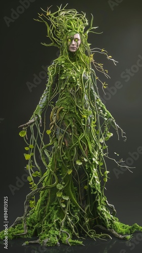 This statue represents a nymph, fairy, naiad and the spirit of the forest, covered in green moss, plants, and roots found in the woods.