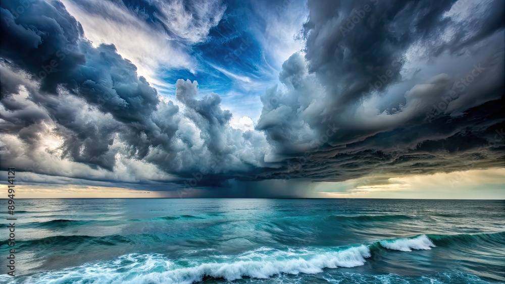 Fototapeta premium Storm clouds brewing over the turbulent ocean waters, storm, ocean, clouds, waves, weather, dramatic, dark, moody, turbulent
