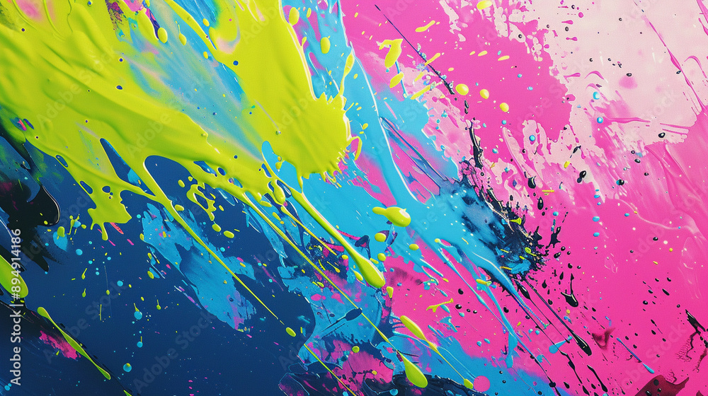 Dynamic abstract background with splashes of bright pink, electric blue, and lime green paint, forming a playful and energetic visual effect Dynamic abstract background with splashes of bright pink, electric blue, and lime green paint, forming a playful and energetic visual effect