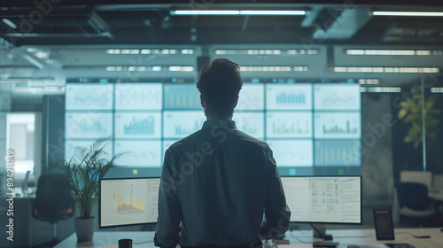 business professional standing in front of an office wall with multiple computer screens displaying data visualizations and graphs modern tech equipment