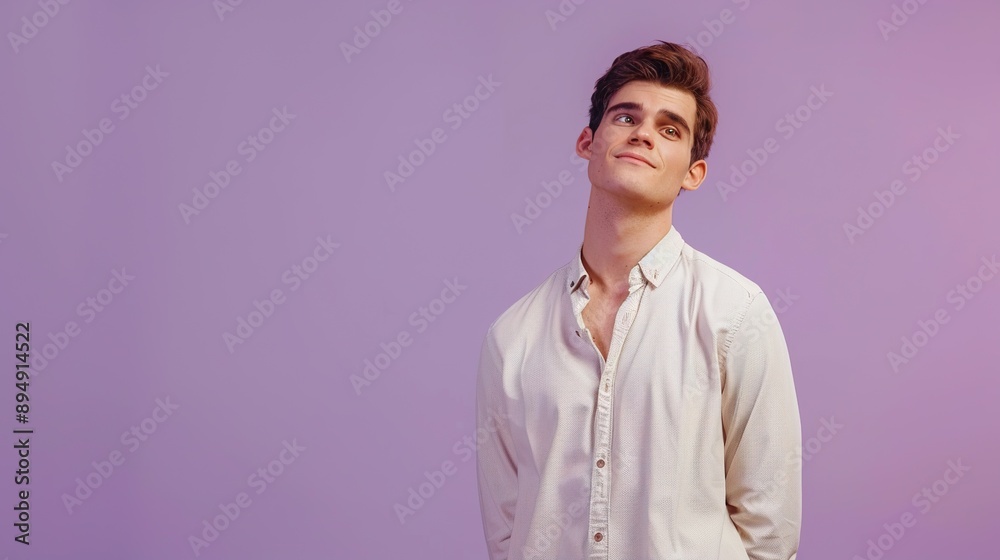 a young man in stylish attire, displaying a relaxed casual look on a purple background, providing room for text or graphic overlay a young man in stylish attire, displaying a relaxed casual look on a purple background, providing room for text or graphic overlay