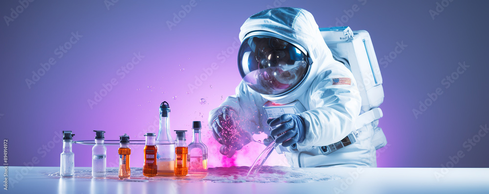 Obraz premium Astronaut Conducting Experiments With Beakers and Fluids in a Laboratory Setting