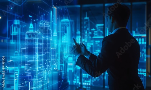 A businessman interacting with a futuristic, blue holographic design of a modern building, symbolizing innovative real estate investmen