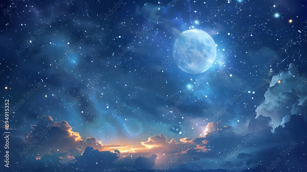 Naklejka premium Mystical sky with glowing, fantastical constellations and a radiant, ethereal moon