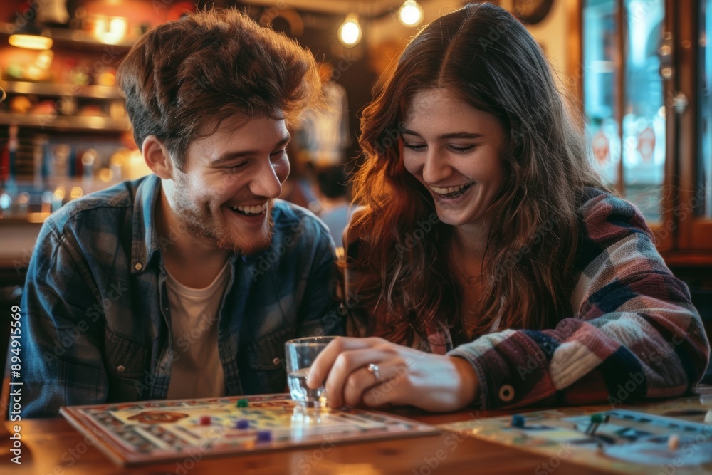 Fototapeta premium Portrait of a glad couple in their 20s playing a board game