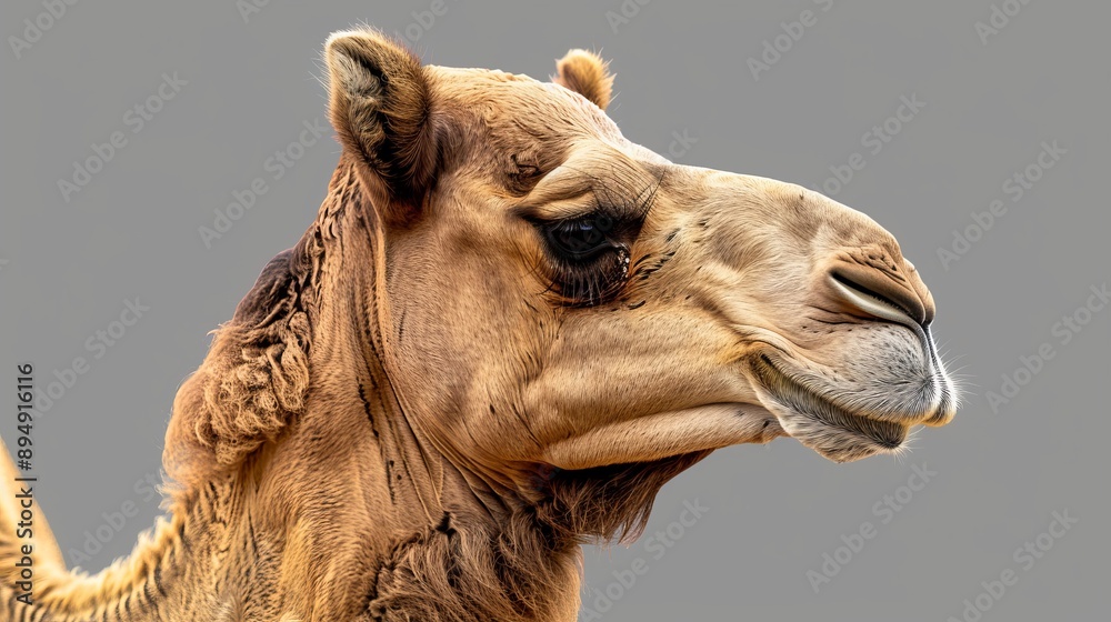 Obraz premium Close-up Portrait of a Camel with Soft Fur and Gentle Eyes - A camel's head is captured in a close-up portrait, showcasing its soft fur, gentle eyes, and calm demeanor, representing resilience