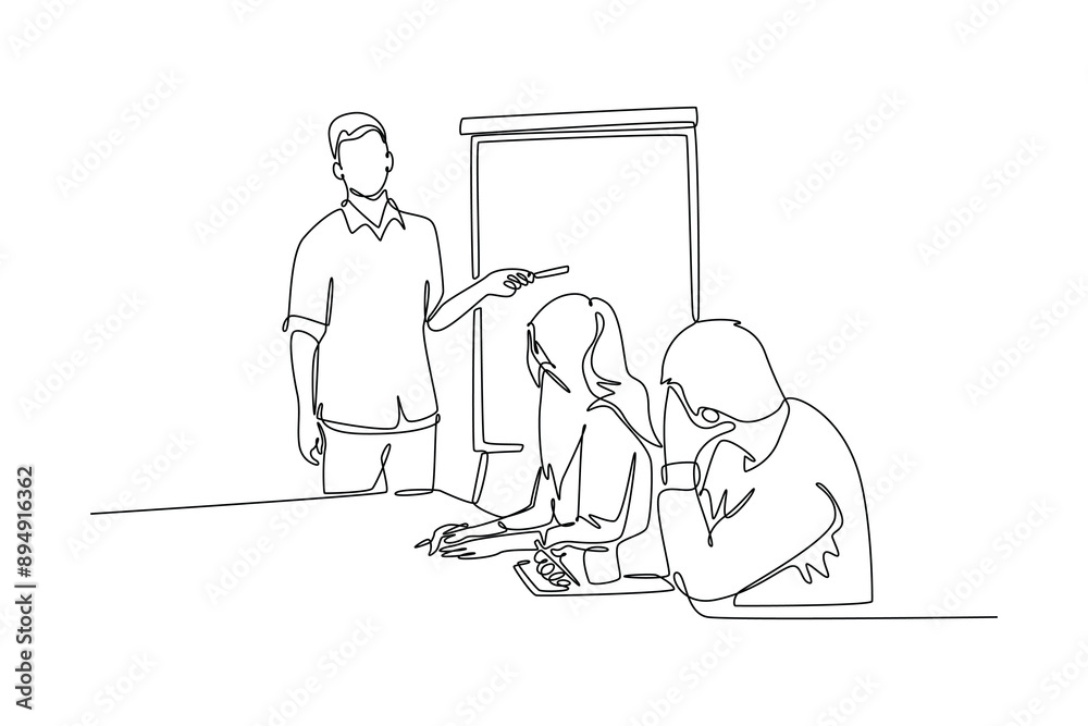 Lecturers teaching in class concept. Single line draw design vector graphic illustration. Lecturers teaching in class concept. Single line draw design vector graphic illustration.