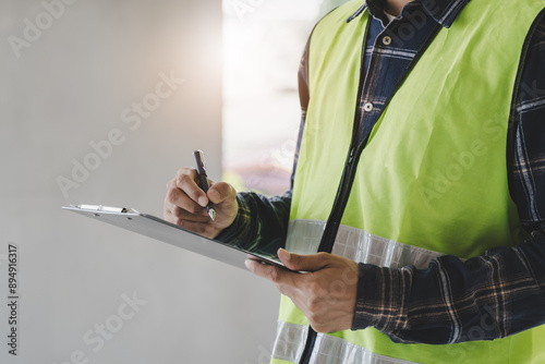 Asian inspector checking structure of new property and taking note in the clipboard for review and fix the house before sell to client