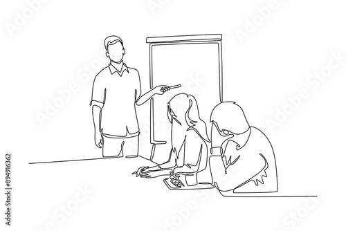 Lecturers teaching in class concept. Single line draw design vector graphic illustration.