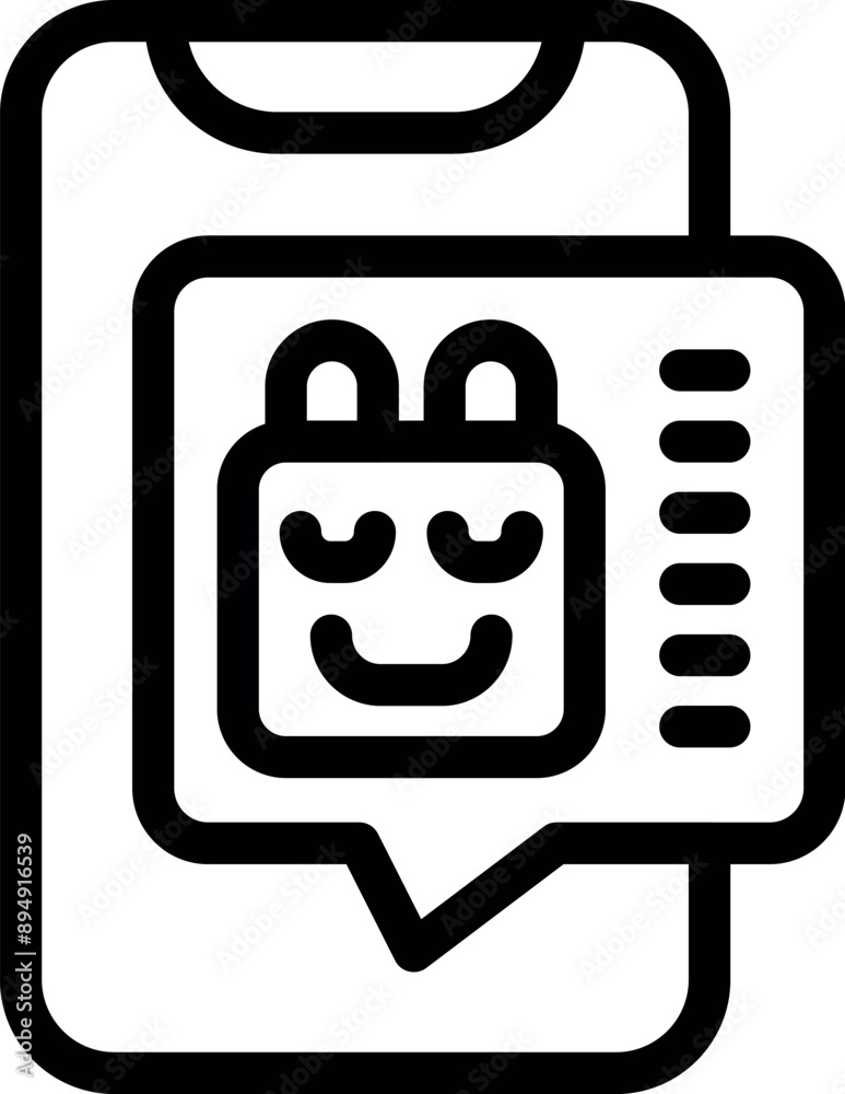 Line art icon of an online shopping app showing a cute character face chat bubble and a shopping bag icon, representing customer support Line art icon of an online shopping app showing a cute character face chat bubble and a shopping bag icon, representing customer support