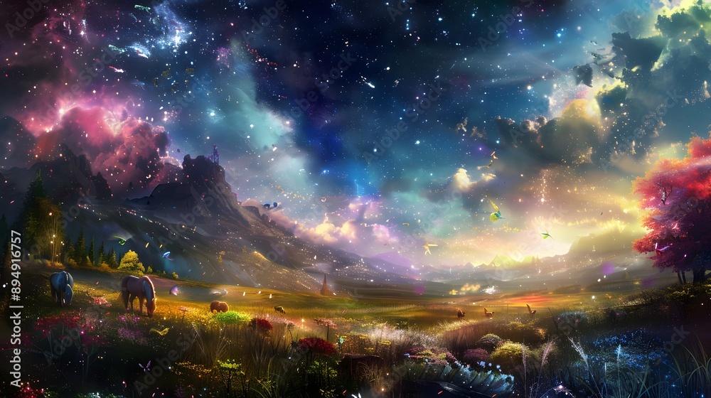 Obraz premium Enchanted meadow where magical creatures graze under a vibrant, starry sky