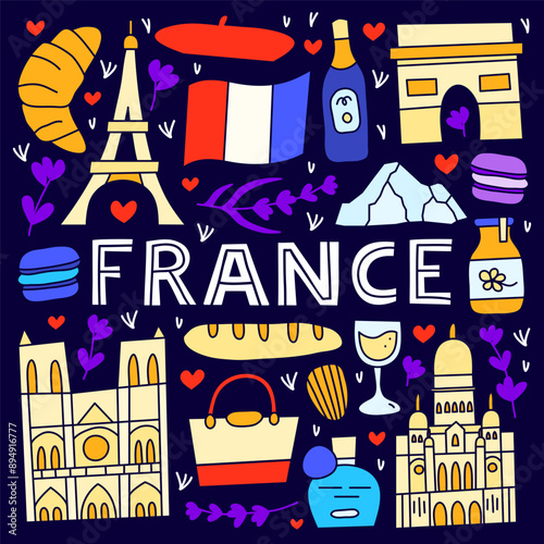 Poster with lettering and doodle colored France landmarks and attractions isolated on dark background. Travel concept background.
