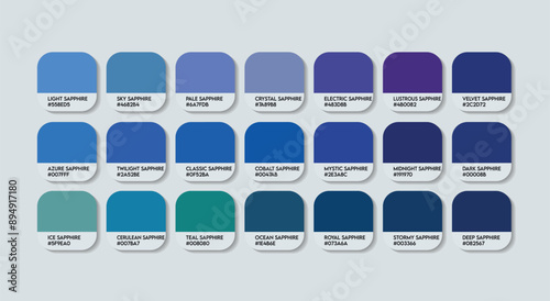 Sapphire Color Palette, Sapphire Color Guide Palette with Color Names. Catalog Samples of Sapphire Blue with RGB HEX codes. Dark Blue Colors Palette Vector, Fashion Trend Blue Sapphire shades Palette