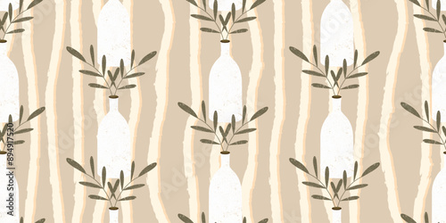 Seamless pattern with white vases and olive branches on a striped beige background. Brown, beige, white, green. Organic scandinavian background for textile or wallpaper.