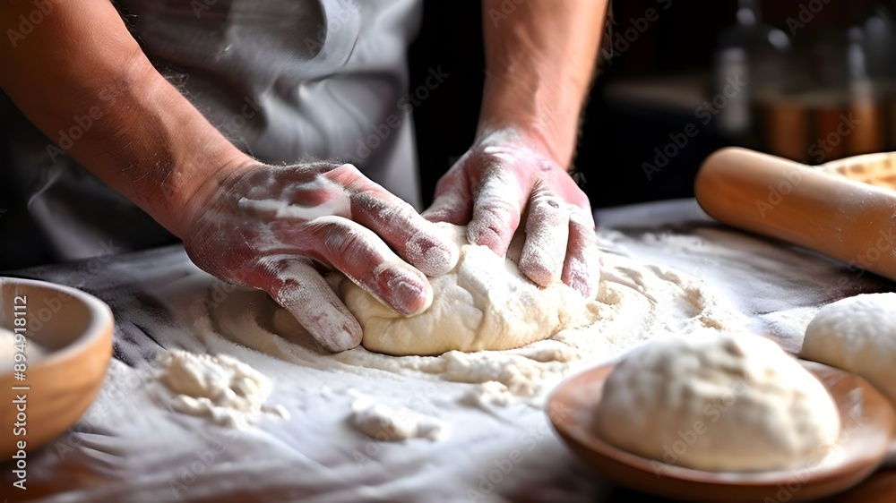 A person's hands kneading dough on a flour dusted countertop A person's hands kneading dough on a flour dusted countertop