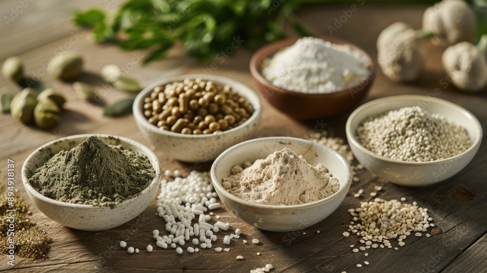 Natural protein powder made from plant-based ingredients, showcased on a table with a focus on healthy, vegetarian dietary options