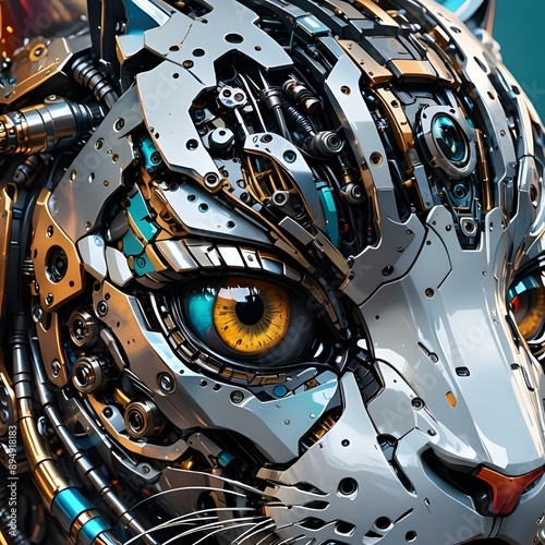 detailed close-up Cyborg cat Face ,Cyberpunk Cyborg cat Illustration, Cat Mechanical Robot,Steampunk Robot cat Face , cybernetic cat. photo