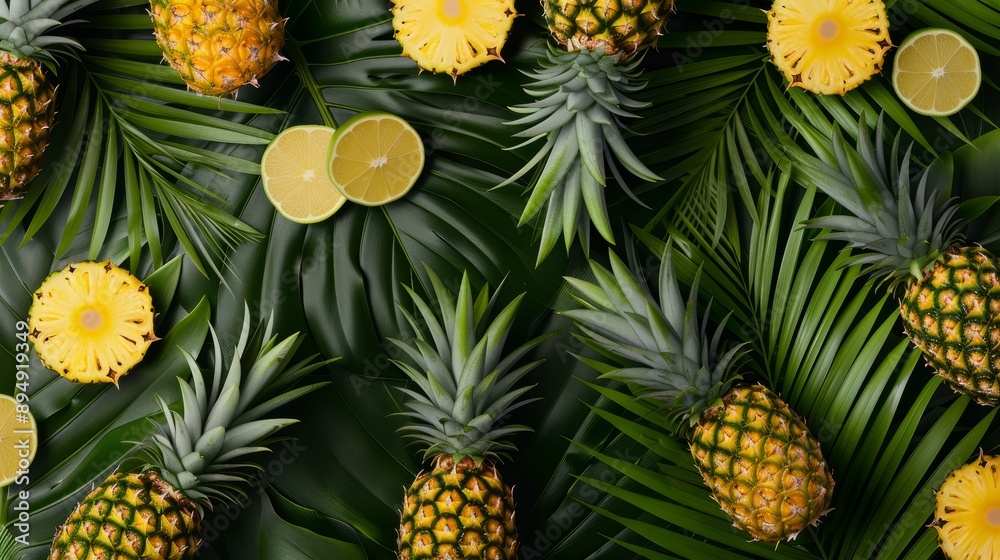 A tropical pattern of pineapples and palm leaves, with a bold and dynamic layout, high-resolution photo, realistic photo, hyper realistic A tropical pattern of pineapples and palm leaves, with a bold and dynamic layout, high-resolution photo, realistic photo, hyper realistic