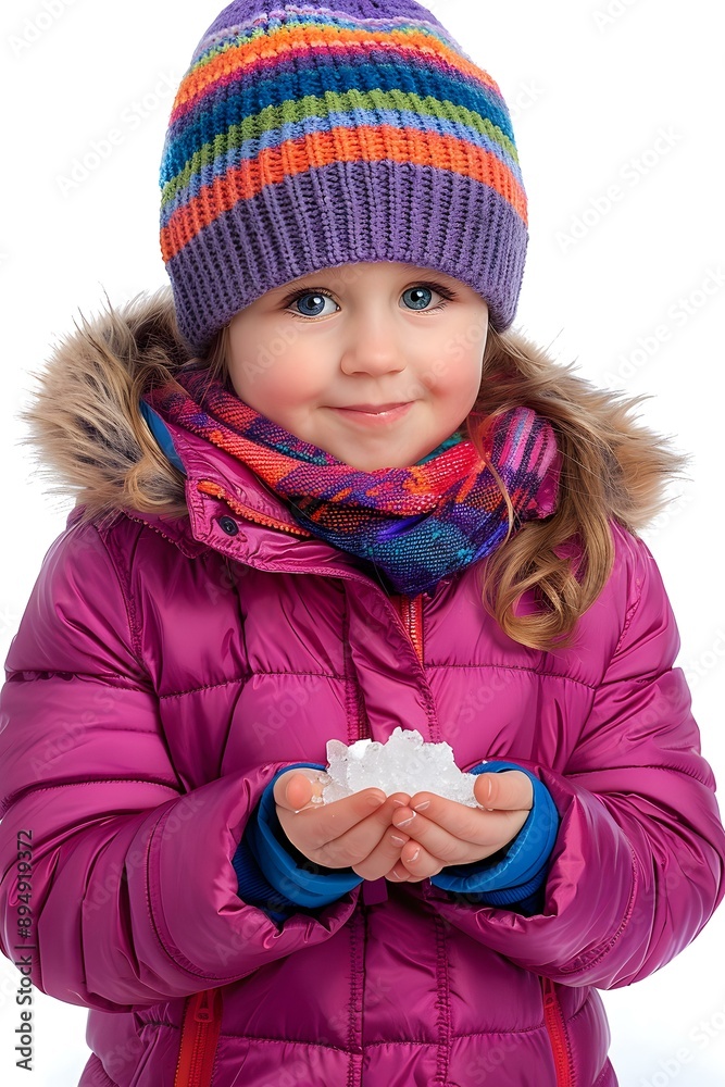 Little girl in purple winter jacket and rainbow beanie holding snow in her hands