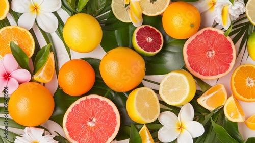 A vibrant pattern of citrus fruits and tropical flowers, creating a lush and exotic look, high-resolution photo, realistic photo, hyper realistic © Wimon