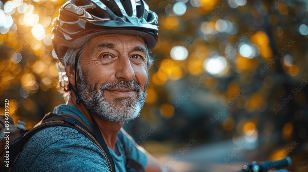Happy mature man adjusting helmet on sunny day