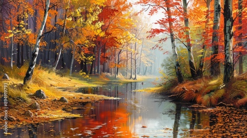 Autumn forest landscape with river and vibrant colors © Matthew