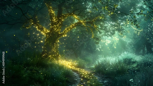 Mystical forest path leading to a glowing, enchanted tree with luminescent leaves