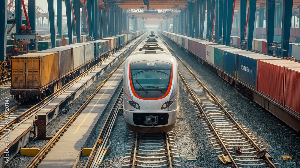 Fototapeta premium rail yard with trains carrying freight containers and workers loading