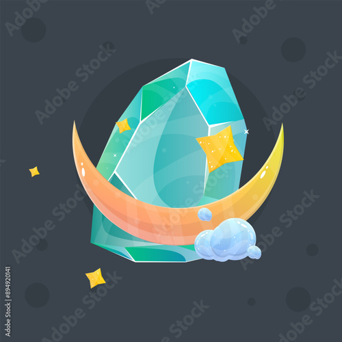 Turquoise Blue Crystal Gem Magic Esoteric Game Icon With Moon Stars And Clouds  Isolated Vector Design