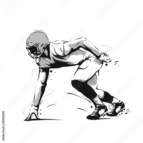 Ready for Impact: Black and White Vector Illustration of an American Football Defensive End in Action