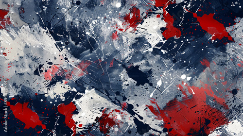 Bold, modern abstract background with splashes of red, navy blue, and metallic silver paint, creating a striking and contemporary design